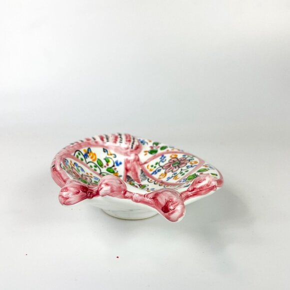Cruz Spain Toledo Hand-Painted Ceramic Pink Floral Shell-Shaped Dish - Picture 6 of 8